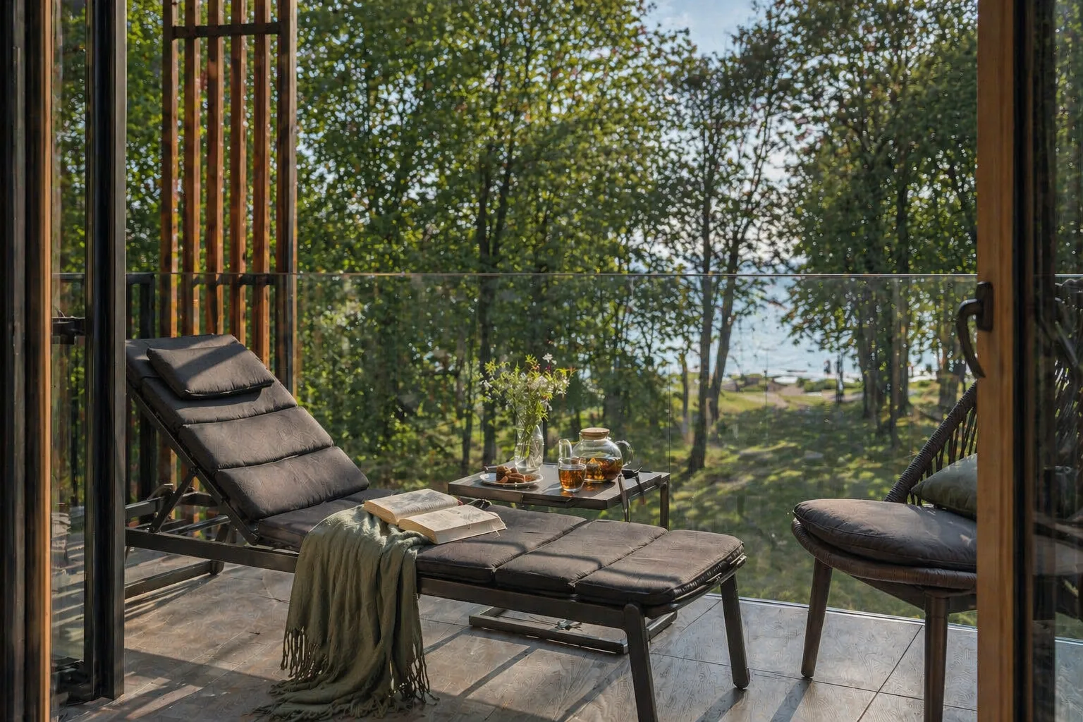 Balkon einer Suite im Buff Medical Resort mit Liege und Tee, durch die Bäume des Parks der Blick auf den Bodensee (© Buff Medical Resort)